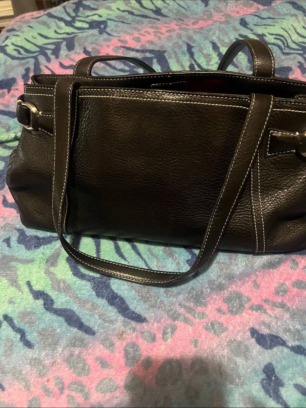 Ann Taylor Black Leather Shoulder Bag with Contrast Stitching